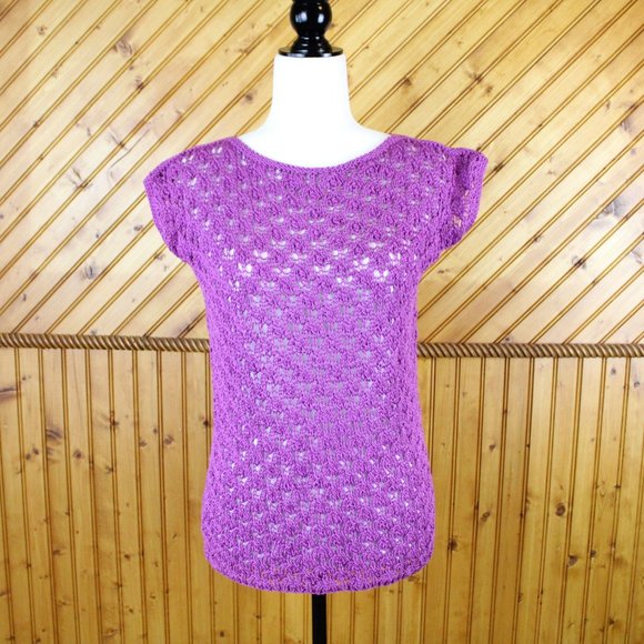 Purple Open Stitch Sweater Short Sleeve Handknit Handmade Small Knit Fall CA123 - Picture 2 of 9